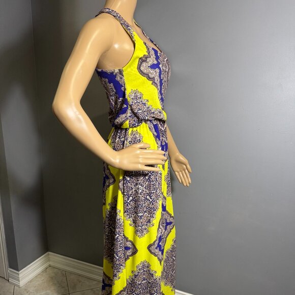 boohoo Baroque Maxi Dress 💛 yellow & royal blue racerback summer dress - Picture 4 of 8